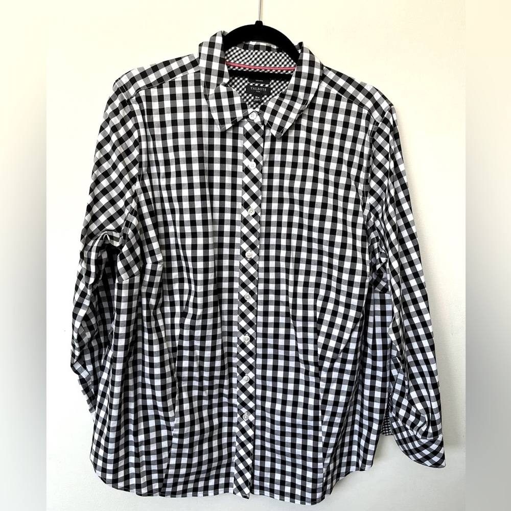 Talbots Plus Non-iron Black and White Gingham Long-sleeve Shirt. Size 18W EUC